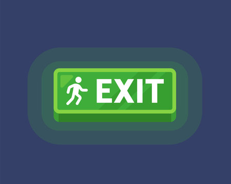green sign above the exit door. luminous box exit. flat vector illustration.