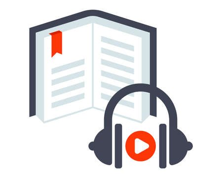 icon to listen to an audiobook in headphones. audio version of a literary work. flat vector illustration.のイラスト素材