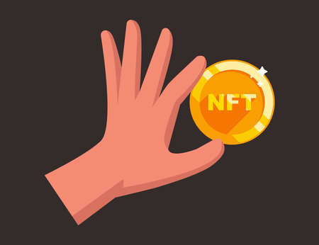 a man holds a NFT gold coin in his hand. flat vector illustration.のイラスト素材