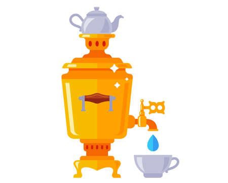 Russian old samovar pours tea into a cup. flat vector illustration.のイラスト素材