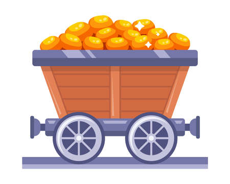 wooden trolley with a pile of gold. work in the mine. flat vector illustration.のイラスト素材