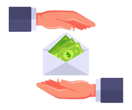 transferring money in an envelope from one to another. corrupt schemes for obtaining money. flat vector illustration.のイラスト素材