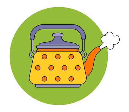 kettle stands on a gas stove and boils water. preparation of warm water for tea. flat vector illustration.のイラスト素材