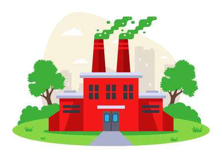 buildings of a brick factory with a chimney and exhaust gases from production. flat vector illustration.のイラスト素材
