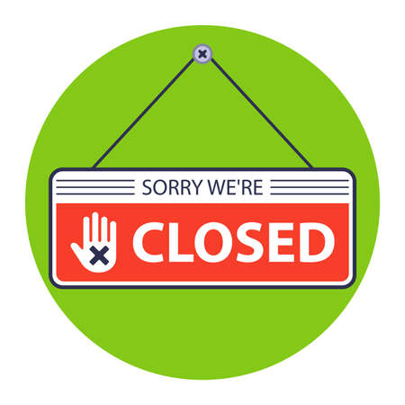 sorry, closed. a sign is hanging on the door of the store. Flat vector illustrationのイラスト素材