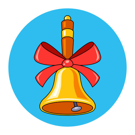 a golden school bell with a red bow rings. flat vector illustration.のイラスト素材