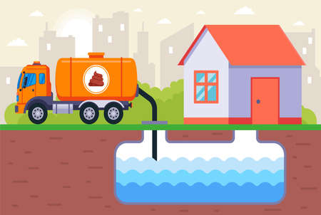 a sewer pumps out waste from the sewer in a private house. flat vector illustration.のイラスト素材
