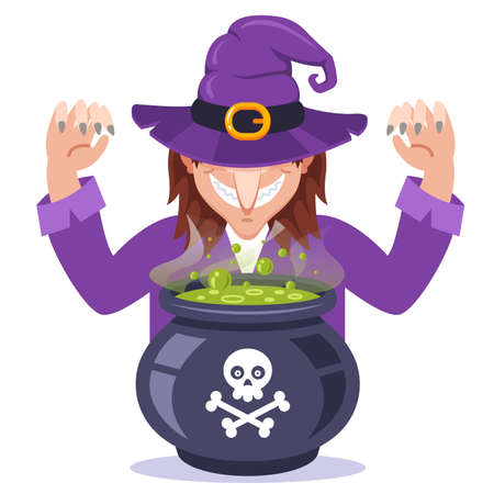 witch prepares a potion in an iron pot. flat vector illustration.のイラスト素材