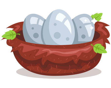 nest of branches with three bird eggs. house for birds. flat vector illustration.のイラスト素材