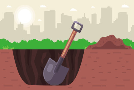 dig the ground with a shovel. deep hole. search for archaeologists. flat vector illustration.のイラスト素材