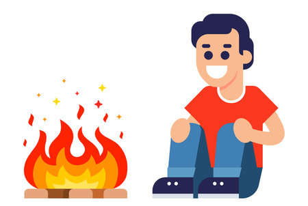 a man sits alone by the fire and warms himself. make a fire in nature. flat vector illustration.のイラスト素材
