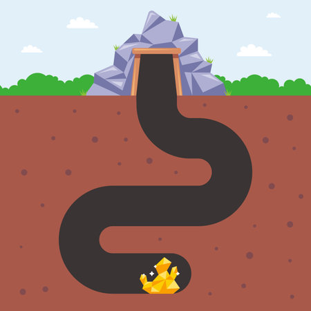 deep mine with a tunnel and a gold ingot at the bottom. flat vector illustration.のイラスト素材