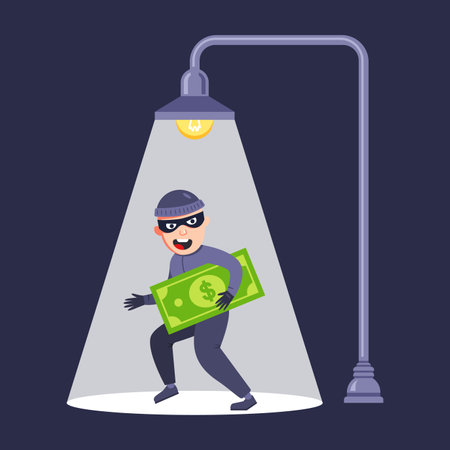 a street lamp shines on the robber. flat vector illustration.のイラスト素材