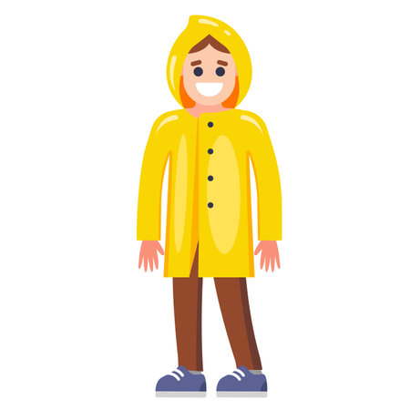 a man in a yellow raincoat on the street in autumn. flat vector illustration.のイラスト素材