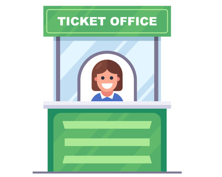 green kiosk selling concert tickets. the cashier sells entrance tickets. flat vector illustration.のイラスト素材
