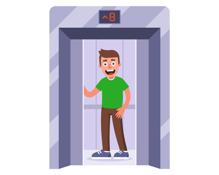 the elevator in the house lifts the person up. flat vector illustration.のイラスト素材
