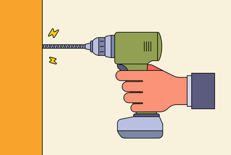 a hand holds a drill and twists a bolt into a tree. construction tool for housework. flat vector illustration.のイラスト素材
