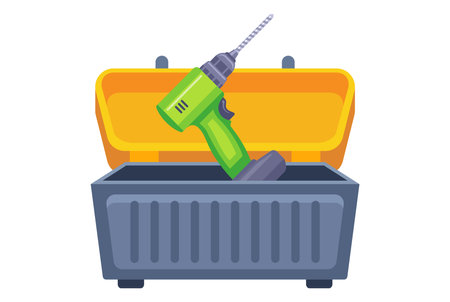 drill in a plastic box with tools. flat vector illustration.のイラスト素材