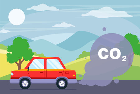 the car produces a large amount of exhaust gases. delusional substances CO2. flat vector illustration.のイラスト素材