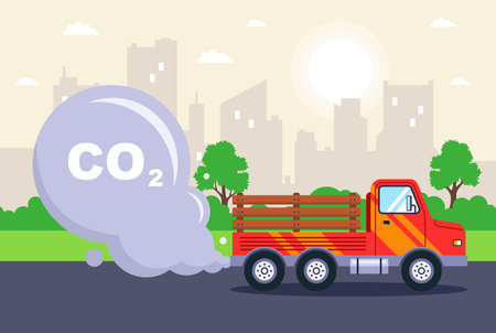CO2 emissions from an old truck. air pollution from cars. flat vector illustration.のイラスト素材