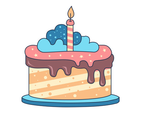 birthday cake with one candle. birthday food flat vector illustration.