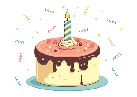 birthday cake with one candle. birthday food flat vector illustration.