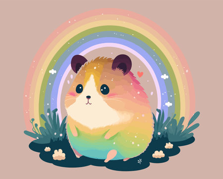 cute hamster sits on the ground under a rainbow. flat vector illustration.のイラスト素材