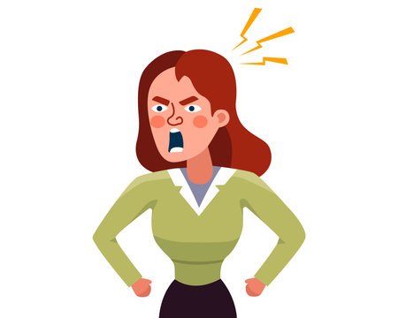 angry woman screams loudly. angry girl is angry. flat vector illustration.のイラスト素材