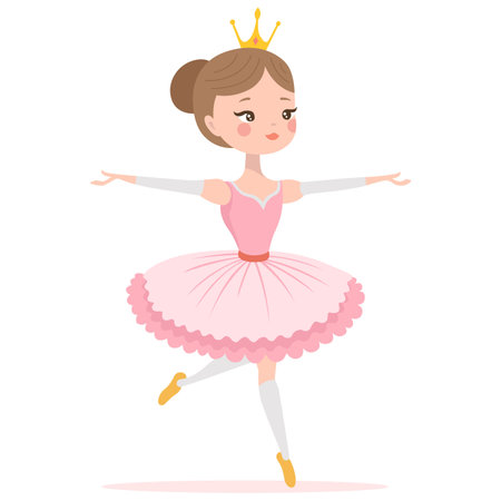 a cute young ballerina in a pink dress dances a dance. flat vector illustration.のイラスト素材