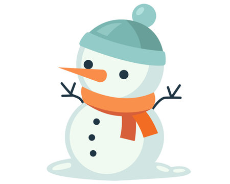 cute snowman made of snow with a carrot and a hat. flat vector illustration.のイラスト素材