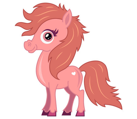 image of a fabulous pink pony. cute little horse with a big mane. flat vector illustration.のイラスト素材