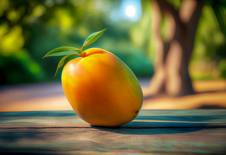ripe mango on a wooden table against the backdrop of a green garden. ai generatedの写真素材