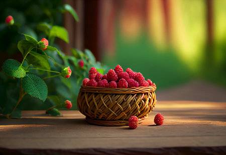 a wicker basket with raspberries stands on the table against the backdrop of a green garden. ai generatedの写真素材