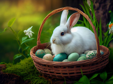 White rabbit in a wicker basket in a clearing. AI Generatedの写真素材