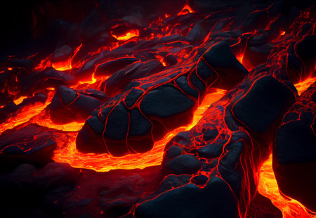 Hot lava flows on stones. eruption. Red Magma. AI Generated