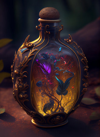 glass bottle with magic elixir. witchs decoction. ai generatedの写真素材