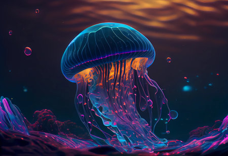 neon jellyfish in the sea. blue glow jellyfish. ai generatedの写真素材