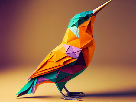 paper bird made of colored paper on a colored background. ai generatedの写真素材