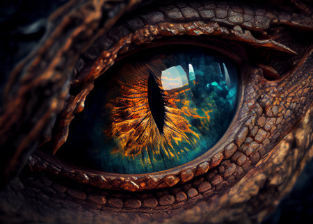 predatory eye of the dragon close-up. lizard eye. ai generatedの写真素材