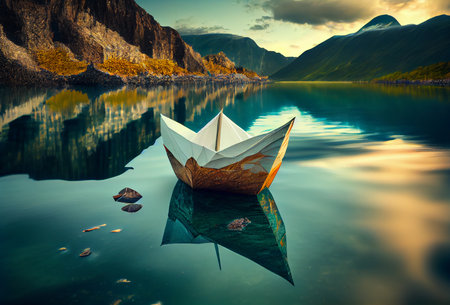 paper boat on the river among the mountains. ai generatedの写真素材