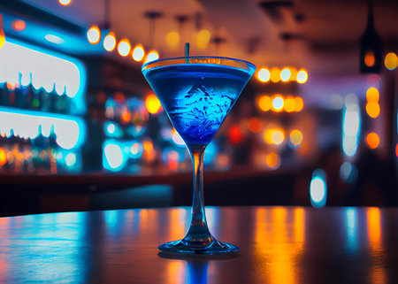 a glass with a beautiful cocktail stands on the bar counter in a nightclub. ai generatedの写真素材