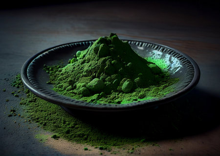 Pile of green matcha tea powder in a flat plate on the table. loose ingredient. ai generatedの写真素材