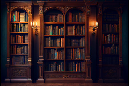 wooden private library with a large collection of books. ai generatedの写真素材