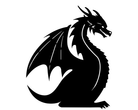 black silhouette of a dragon on a white background. fire-breathing snake. flat vector illustration.のイラスト素材