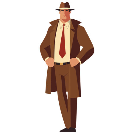 detective in brown coat and hat. flat vector illustration.のイラスト素材