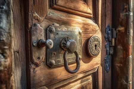 old door lock on a wooden door. ai generatedの素材