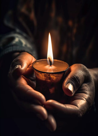 burning candle in hands. illustration for a tragic situation. ai generatedの素材