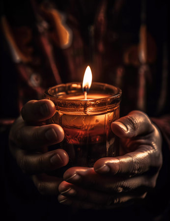 burning candle in hands. illustration for a tragic situation. ai generatedの素材