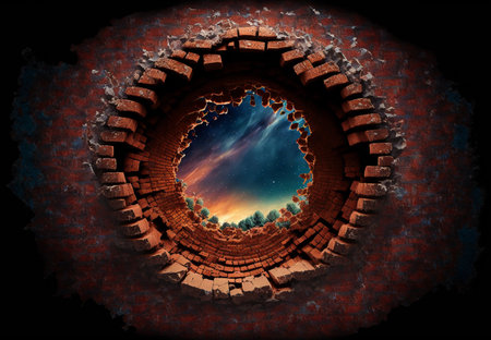 a hole in a brick wall overlooking the sky. ai generatedの素材