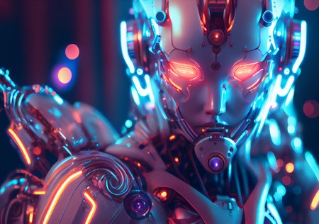neon robot close angle. glowing eyes of a robot doll. ai generatedの素材